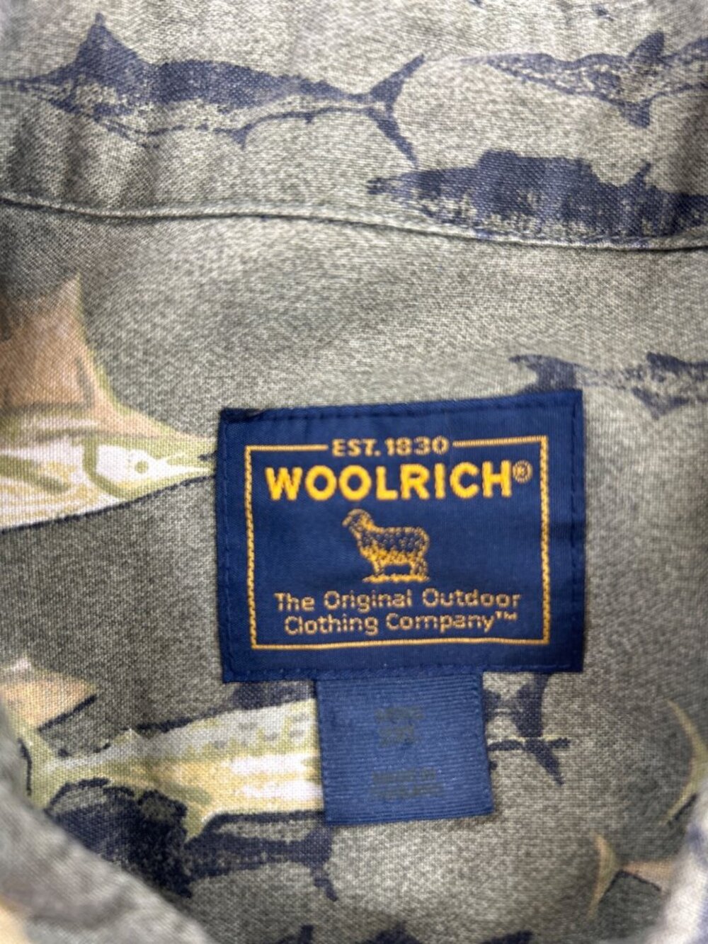 Vtg Woolrich Sz 2XL Fish Print Button Up Shirt Long Sleeve Green Coastal Retro - Picture 9 of 9